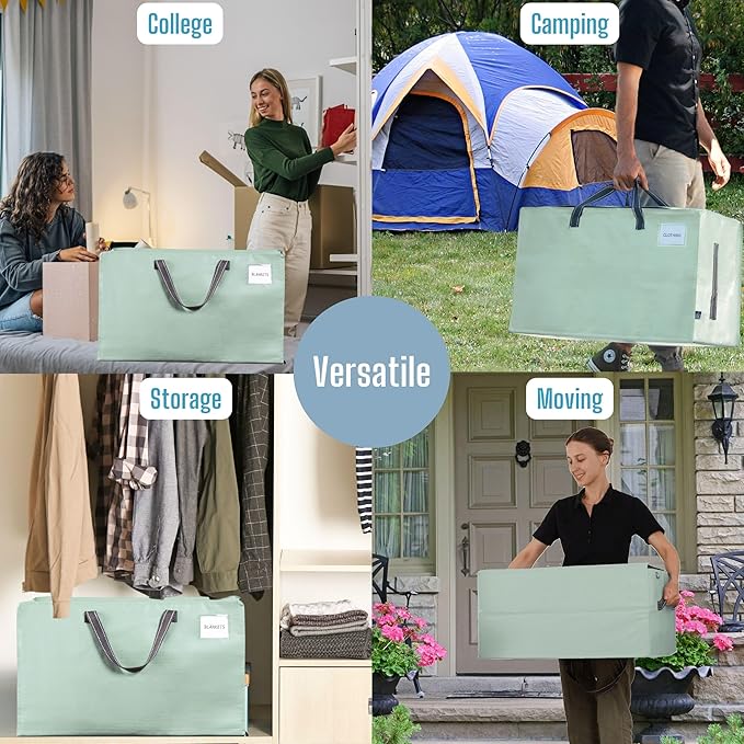 VENO 4 Pack Moving Bags and Large Christmas Decoration Storage Bins with lids. Alternative to Moving Boxes, Packing Supplies for College. Heavy Duty Totes (Shiny Light Green, 4 Pack)