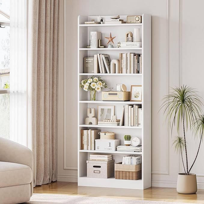 Yaheetech 7-Tier Open Bookcase and Bookshelf, Modern Simple Floor Standing Display Storage Shelves with Top Open Compartment for Home Office, Study, Living Room - White
