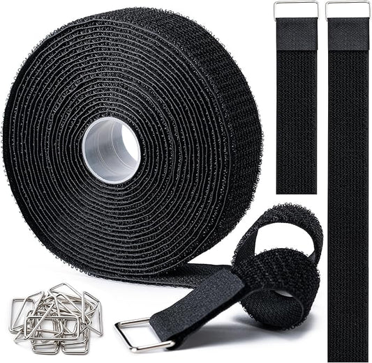 1.5" x16Ft Hook and Loop Straps Cinch Straps Heavy Duty with 16 Metal Buckles, Adjustable Fastening Cable Straps, Free Cut Length, Reusable Nylon Cable Ties for Organizer or Storage