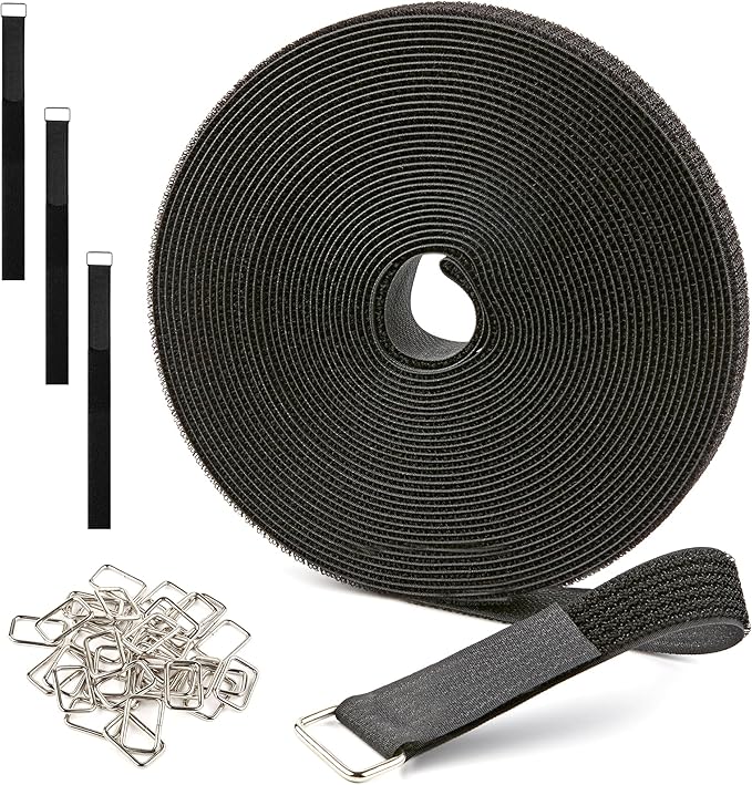 1" x 30ft Reusable Cable Straps Roll with 40 Metal Buckles Adjustable Cut-to-Length Nylon Cable Ties and Fastening Straps for Organizing and Storage Black