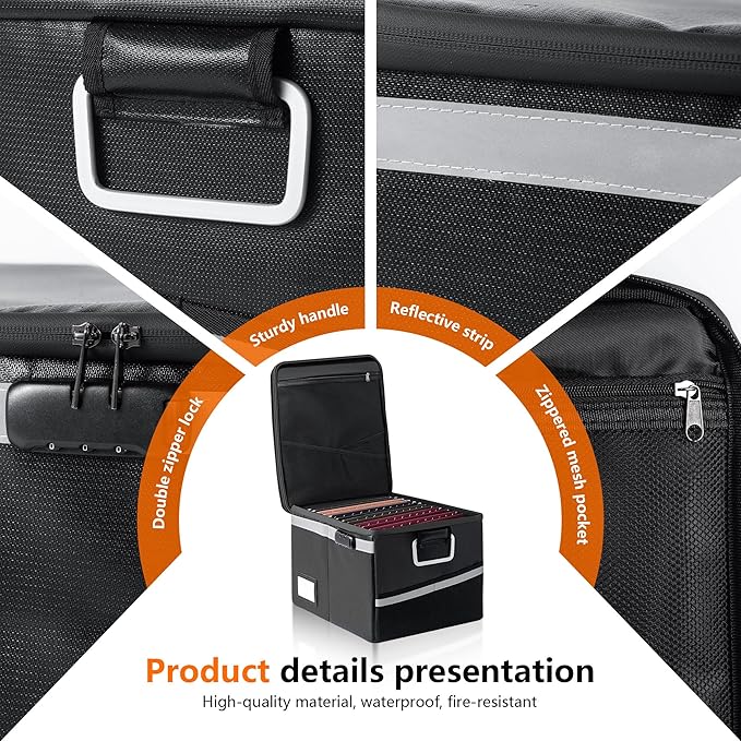 2000°F Fireproof & Waterproof Document Box with Lock, Collapsible Portable Organizer for Office Files, Safe Storage for Hanging Letter/Legal Folders (Orange, 14.2x110.6x4.1in)
