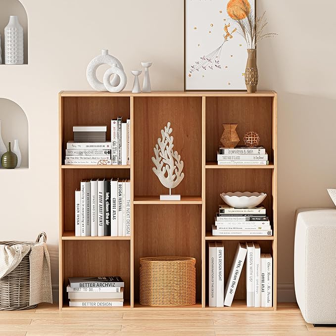 Wooden Cube Storage Organizer with Closed Back Panel, 11in Cube Shelf Opening, Bookshelf, Display Shelf,Closet Cabinet for Home and Office (Natural Oak, 8-Cube 35.98L*9.45W*35.91H)