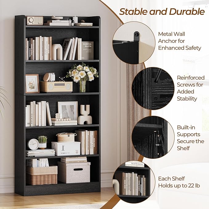 Yaheetech 6-Tier Open Bookcase and Bookshelf, Modern Simple Floor Standing Display Storage Shelves with Top Open Compartment for Home Office, Study, Living Room - Black