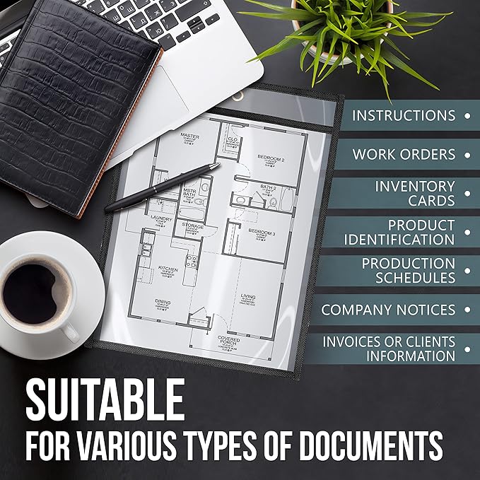 10 Pack Job Ticket Holders 9x12 - Clear Sheet Protectors - Reusable Dry Erase Pocket Sleeves for Shop, Office & Classroom - Clear Work Order Plastic Sleeves & Shop Ticket Holders with Hanging Eyelet