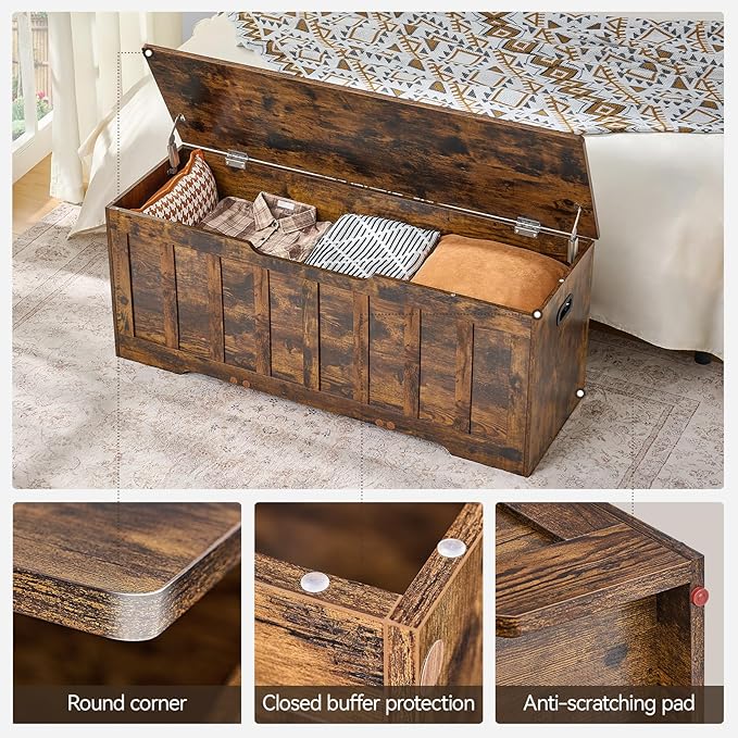 47.2"Storage chest extra large,storage trunk with 2 safety Hinges,Wooden storage bench,Shoe Bench,47.2x15.7x19.1 Inch,Easy Assembly,storage bench for bedroom,living room,entryway,Rustic brown