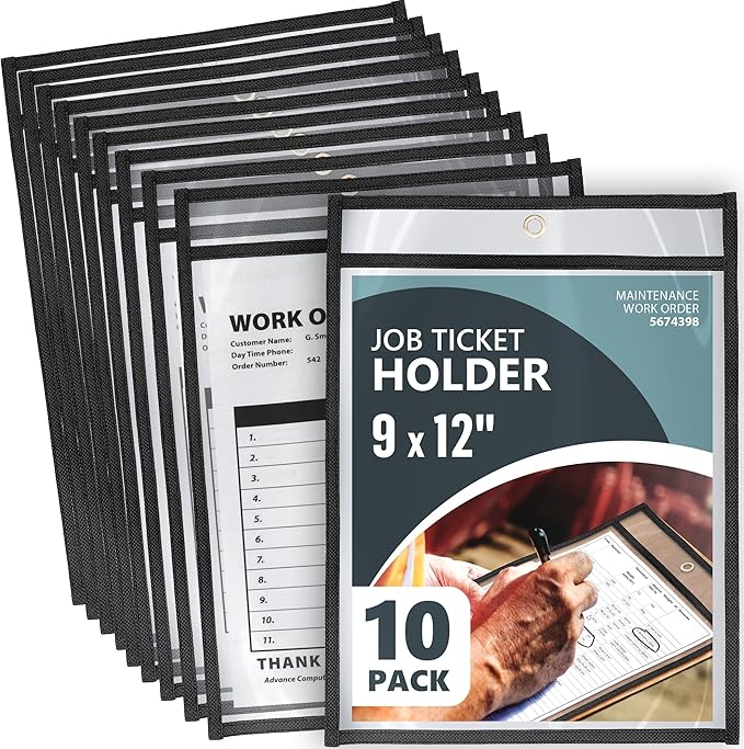 10 Pack Job Ticket Holders 9x12 - Clear Sheet Protectors - Reusable Dry Erase Pocket Sleeves for Shop, Office & Classroom - Clear Work Order Plastic Sleeves & Shop Ticket Holders with Hanging Eyelet