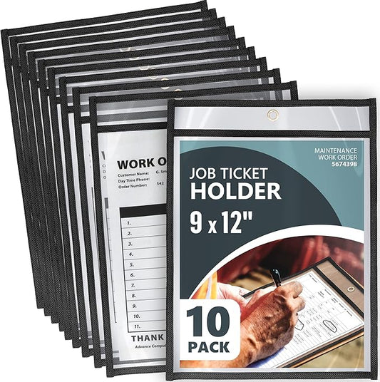 10 Pack Job Ticket Holders 9x12 - Clear Sheet Protectors - Reusable Dry Erase Pocket Sleeves for Shop, Office & Classroom - Clear Work Order Plastic Sleeves & Shop Ticket Holders with Hanging Eyelet