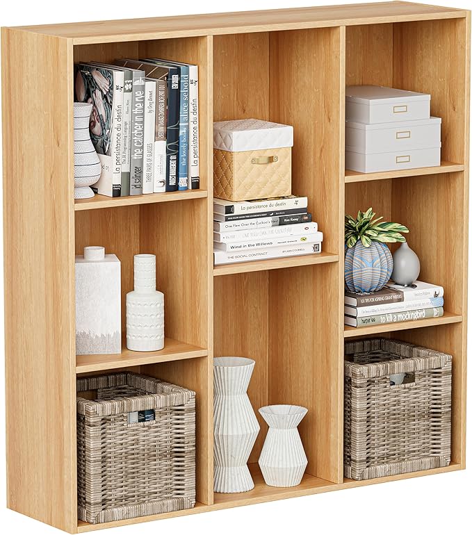Wooden Cube Storage Organizer with Closed Back Panel, 11in Cube Shelf Opening, Bookshelf, Display Shelf,Closet Cabinet for Home and Office (Natural Oak, 8-Cube 35.98L*9.45W*35.91H)