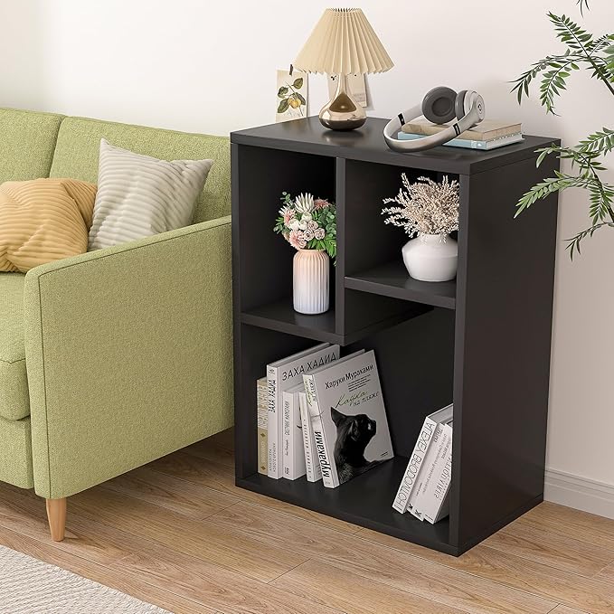 VECELO 3-Cube Bookshelf, Fits Tallest Hardcovers, Horizontal Available, Modern Bookcase, Cubby Storage Organizer for Small Space, Bedroom, Living Room,Black