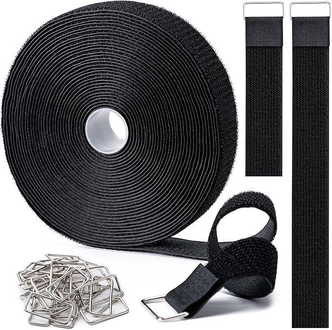 1.5" x32Ft Hook and Loop Straps Cinch Straps Heavy Duty with 32 Metal Buckles, Adjustable Fastening Cable Straps, Free Cut Length, Reusable Nylon Cable Ties for Organizer or Storage, Black