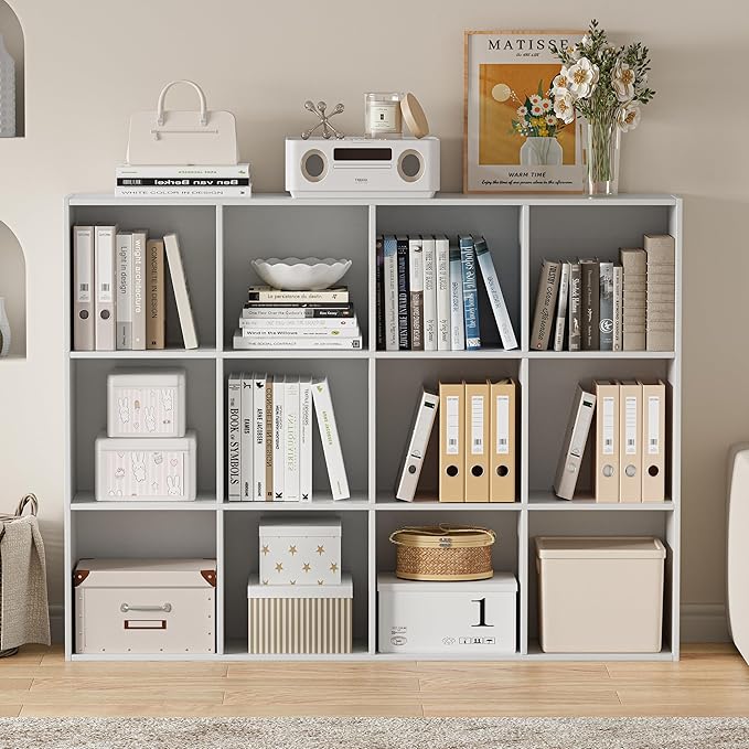 Wooden Cube Storage Organizer with Closed Back Panel, 11in Cube Shelf Opening, Bookshelf, Display Shelf,Closet Cabinet for Home and Office (Embossed White, 12-Cube 35.98L*9.45W*47.72H)