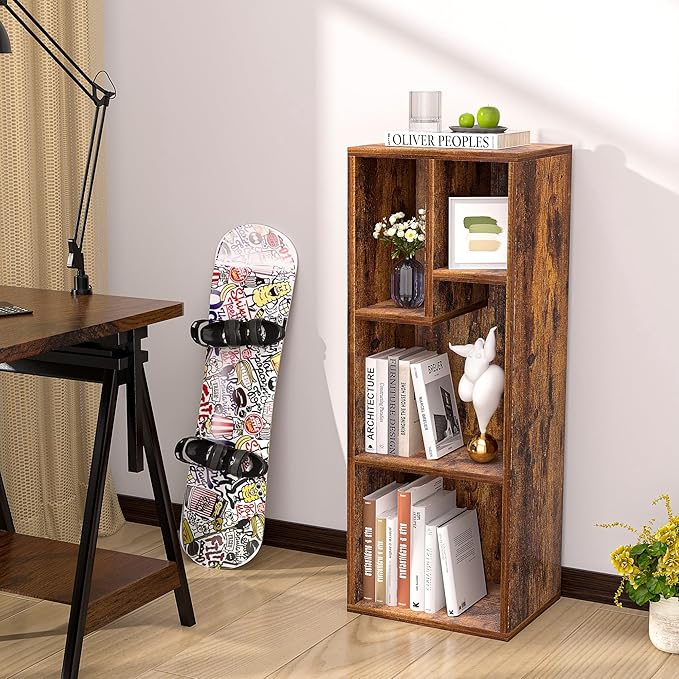 VECELO 3-Tier Small Bookcase, 4 Cube Bookshelf with Height Difference Shelves for Most Books, Modern Floor Standing Unit, Each Shelf Hold Up to 66 LBS for Living Room Bedroom, Rustic Brown