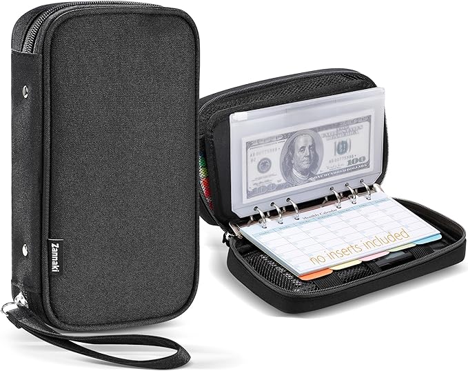 Zannaki A6 Zipper Binder, 6 Ring Personal Planner Journal Budget Binder Cover Case, Refillable Notebook Shell for Cash Envelope Loose Leaf Filler Paper Organizer Portable School Office Supplies, Black