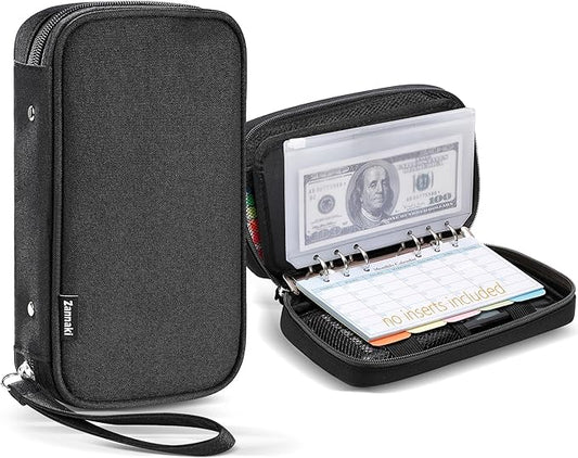 Zannaki A6 Zipper Binder, 6 Ring Personal Planner Journal Budget Binder Cover Case, Refillable Notebook Shell for Cash Envelope Loose Leaf Filler Paper Organizer Portable School Office Supplies, Black
