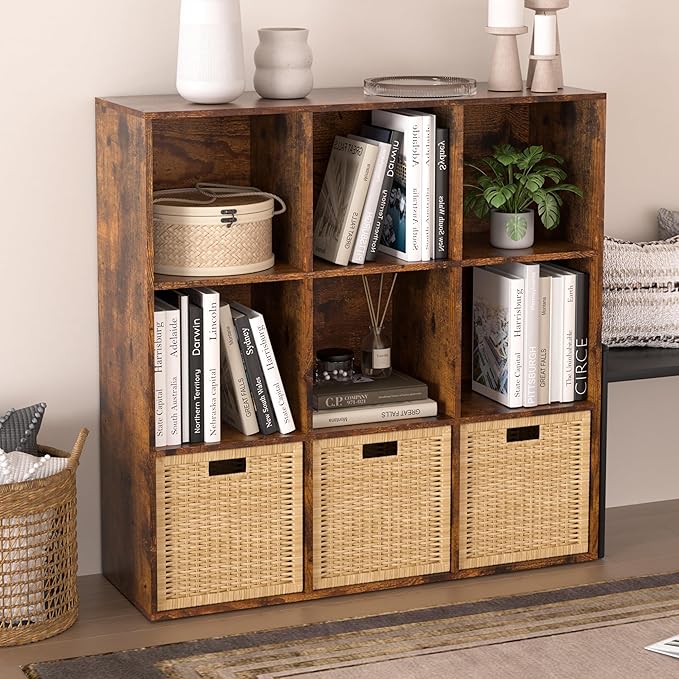 Wooden 9 Cube Storage Organizer with Closed Back Panel,White Cube Shelf Cubby Storage Organizers with Compartments for Living