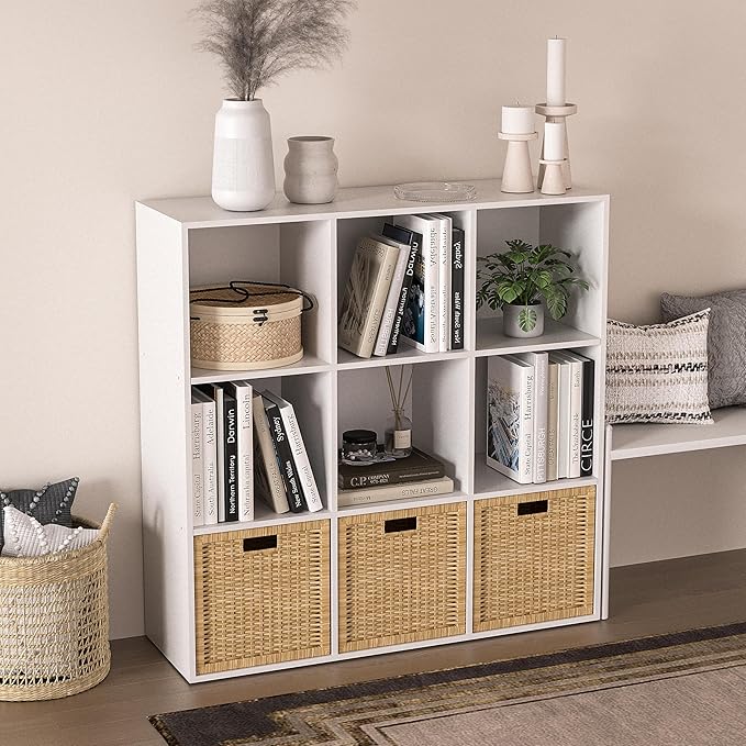 Wooden 9 Cube Storage Organizer with Closed Back Panel,White Cube Shelf Cubby Storage Organizer with Compartments for Living,Bookshelf,Storage Organizers Easy to Install (White, 9 Cube)