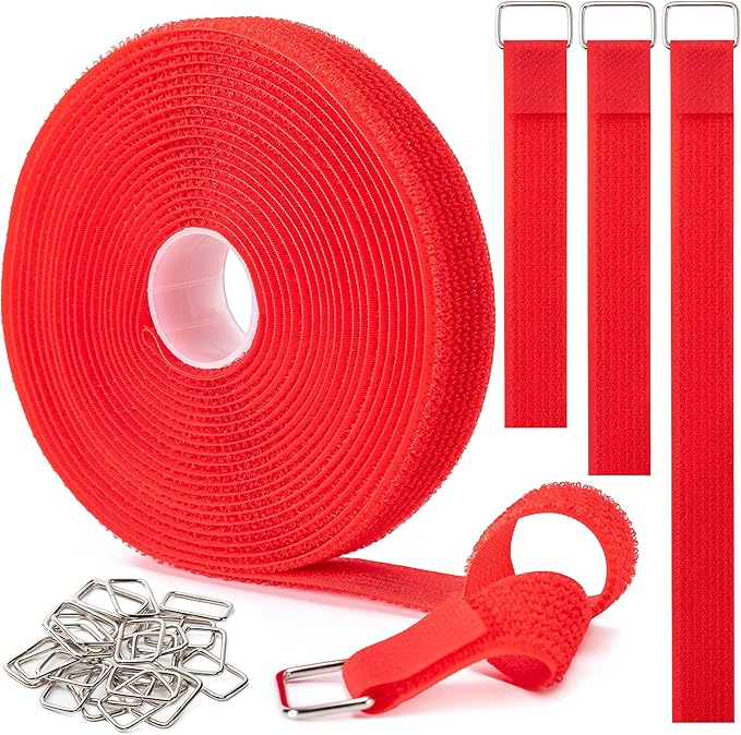 1" x16Ft Hook and Loop Straps with 25 Metal Buckles, Adjustable Fastening Cable Straps, Free Cut Length, Reusable Nylon Cable Ties for Organizer or Storage, Red