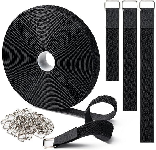 1" x16Ft Hook and Loop Straps with 25 Metal Buckles, Adjustable Fastening Cable Straps, Free Cut Length, Reusable Nylon Cable Ties for Organizer or Storage, Black