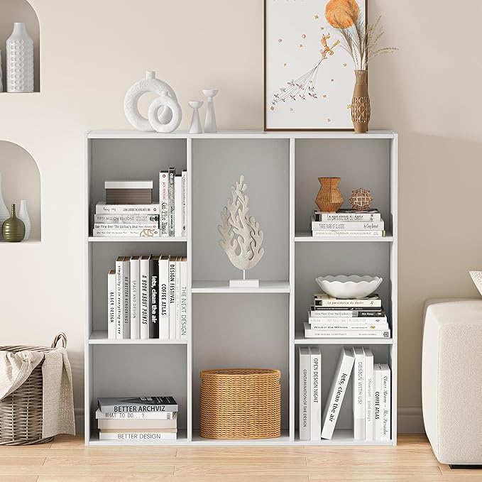 Wooden Cube Storage Organizer with Closed Back Panel, 11in Cube Shelf Opening, Bookshelf, Display Shelf,Closet Cabinet for Home and Office (Embossed White, 8-Cube 35.98L*9.45W*35.91H)