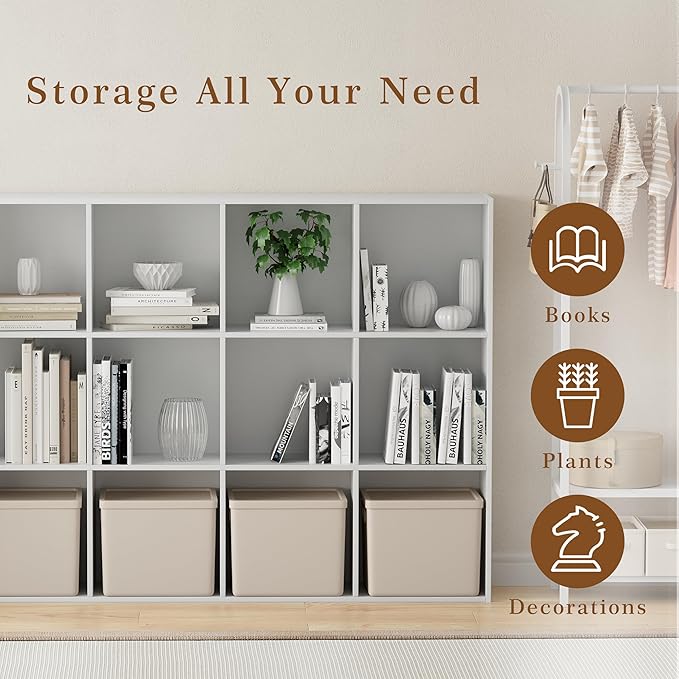 Wooden Cube Storage Organizer with Closed Back Panel, 11in Cube Shelf Opening, Bookshelf, Display Shelf,Closet Cabinet for Home and Office (Embossed White, 12-Cube 35.98L*9.45W*47.72H)