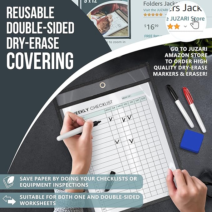 10 Pack Job Ticket Holders 9x12 - Clear Sheet Protectors - Reusable Dry Erase Pocket Sleeves for Shop, Office & Classroom - Clear Work Order Plastic Sleeves & Shop Ticket Holders with Hanging Eyelet