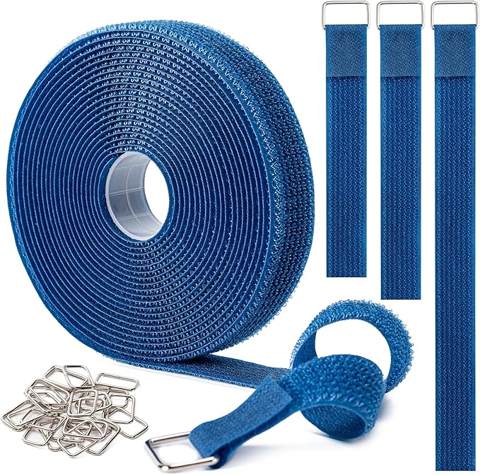 1" x16Ft Hook and Loop Straps and Cinch Straps with 25 Metal Buckles, Adjustable Fastening Cable Straps, Free Cut Length, Reusable Nylon Cable Ties for Organizer or Storage, Blue