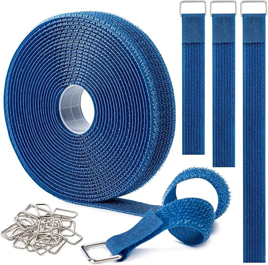 1" x16Ft Hook and Loop Straps and Cinch Straps with 25 Metal Buckles, Adjustable Fastening Cable Straps, Free Cut Length, Reusable Nylon Cable Ties for Organizer or Storage, Blue