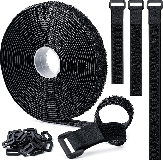 0.8" x16Ft Hook and Loop Straps with 25 Plastic Buckles, Adjustable Fastening Cable Straps, Free Cut Length, Reusable Nylon Cable Ties for Organizer or Storage, Black