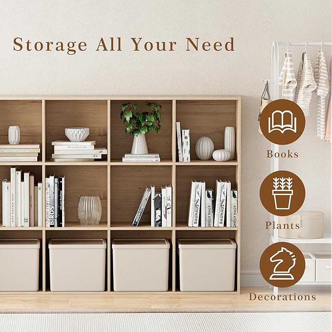 Wooden Cube Storage Organizer with Closed Back Panel, 11in Cube Shelf Opening, Bookshelf, Display Shelf,Closet Cabinet for Home and Office (White Oak, 12-Cube 35.98L*9.45W*47.72H)