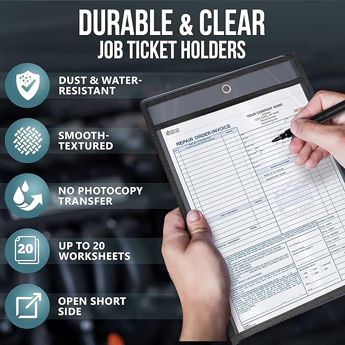 10 Pack Job Ticket Holders 9x12 - Clear Sheet Protectors - Reusable Dry Erase Pocket Sleeves for Shop, Office & Classroom - Clear Work Order Plastic Sleeves & Shop Ticket Holders with Hanging Eyelet