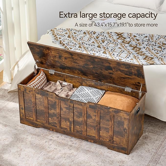 47.2"Storage chest extra large,storage trunk with 2 safety Hinges,Wooden storage bench,Shoe Bench,47.2x15.7x19.1 Inch,Easy Assembly,storage bench for bedroom,living room,entryway,Rustic brown