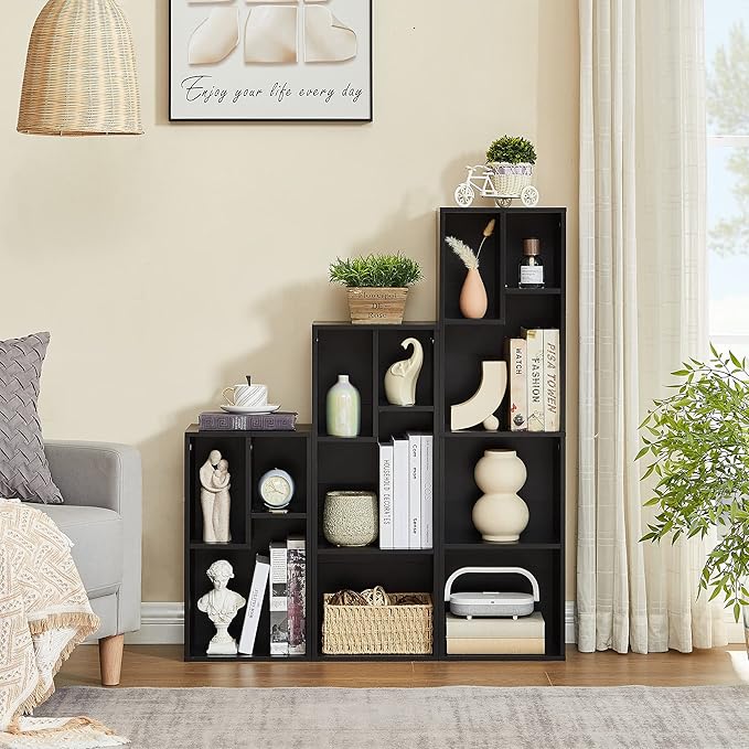 VECELO 3-Tier Small Bookcase, 4 Cube Bookshelf with Height Difference Shelves for Most Books, Modern Floor Standing Unit, Each Shelf Hold Up to 66 LBS for Living Room Bedroom, Vintage Black